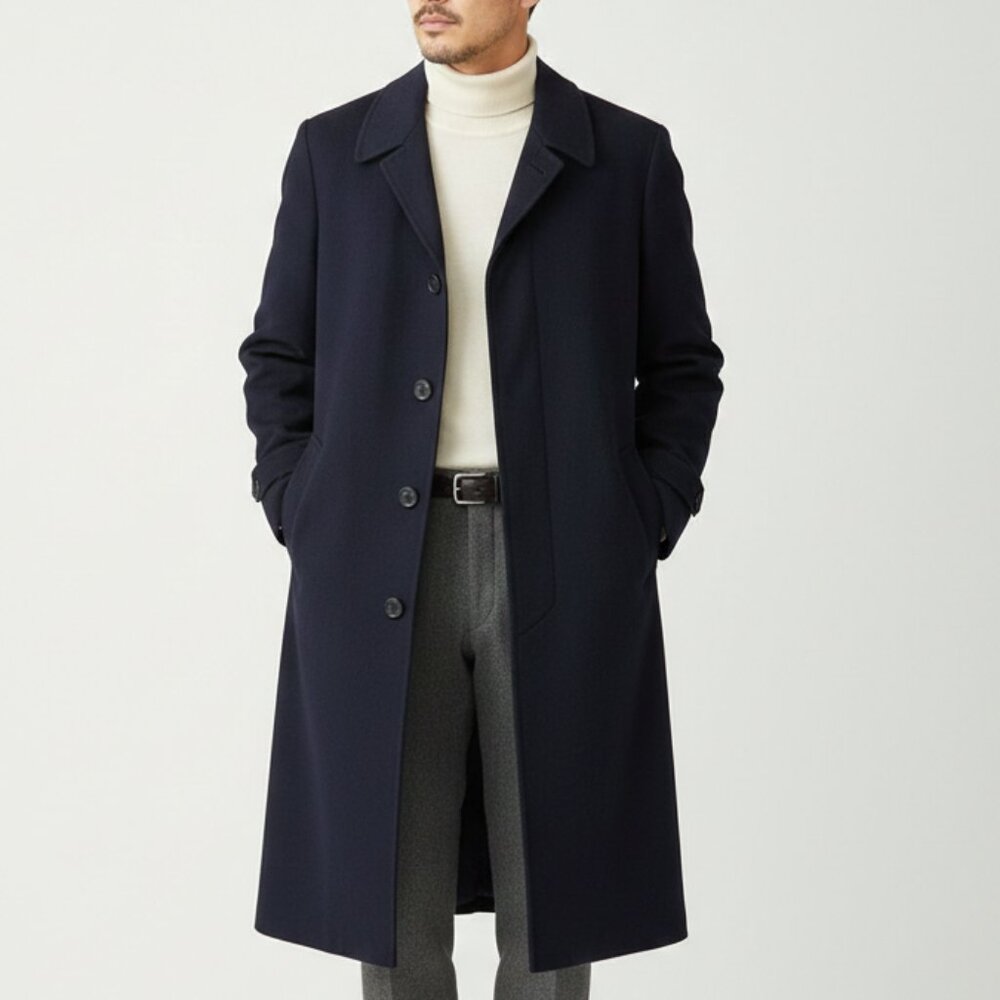 Vintage Savile Row Navy Wool Cashmere Balmacaan Coat 40T Union Made in Canada